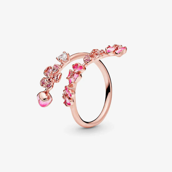 Pink Cherry Blossom Branch Open Ring