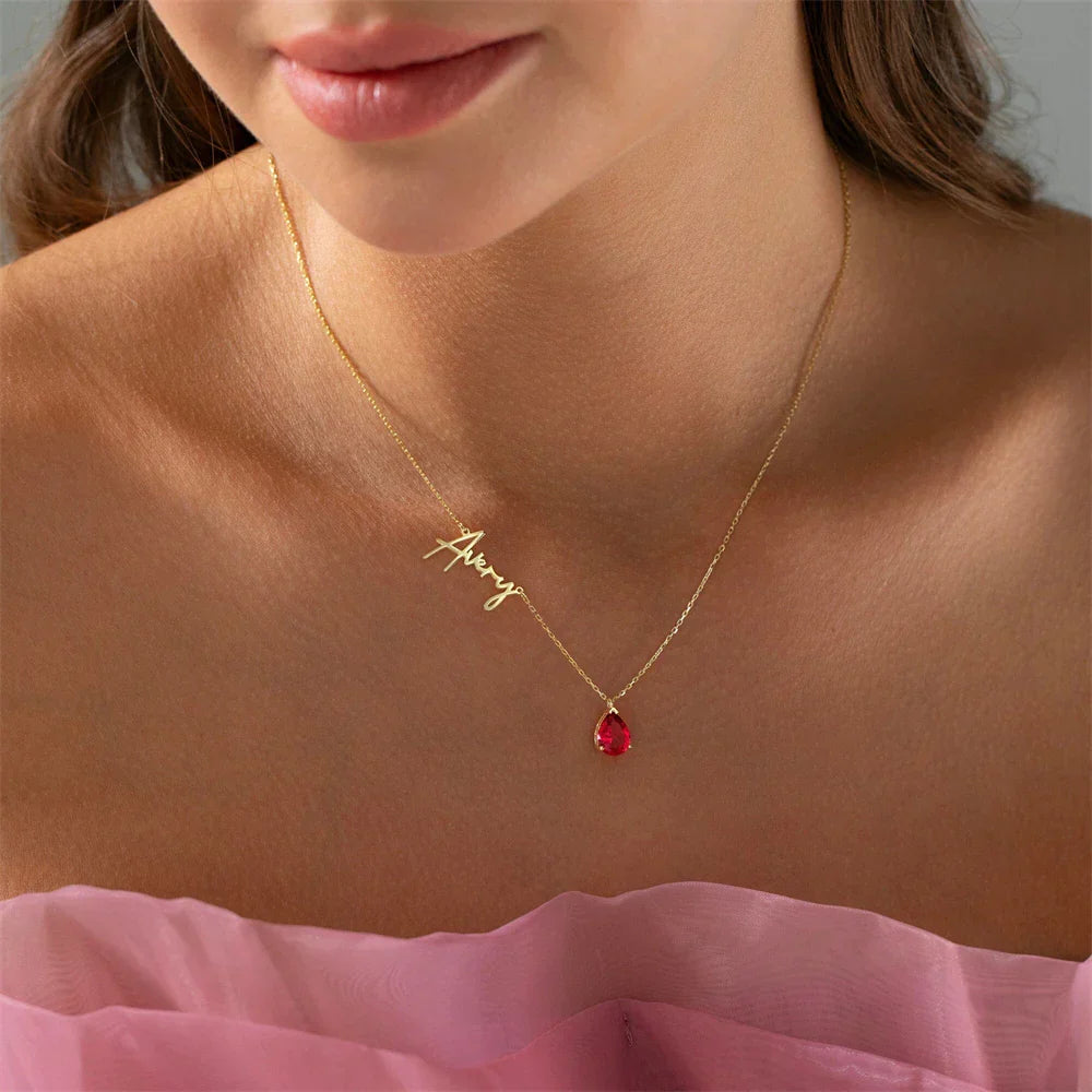 Custom Name & Teardrop Birthstone Necklace